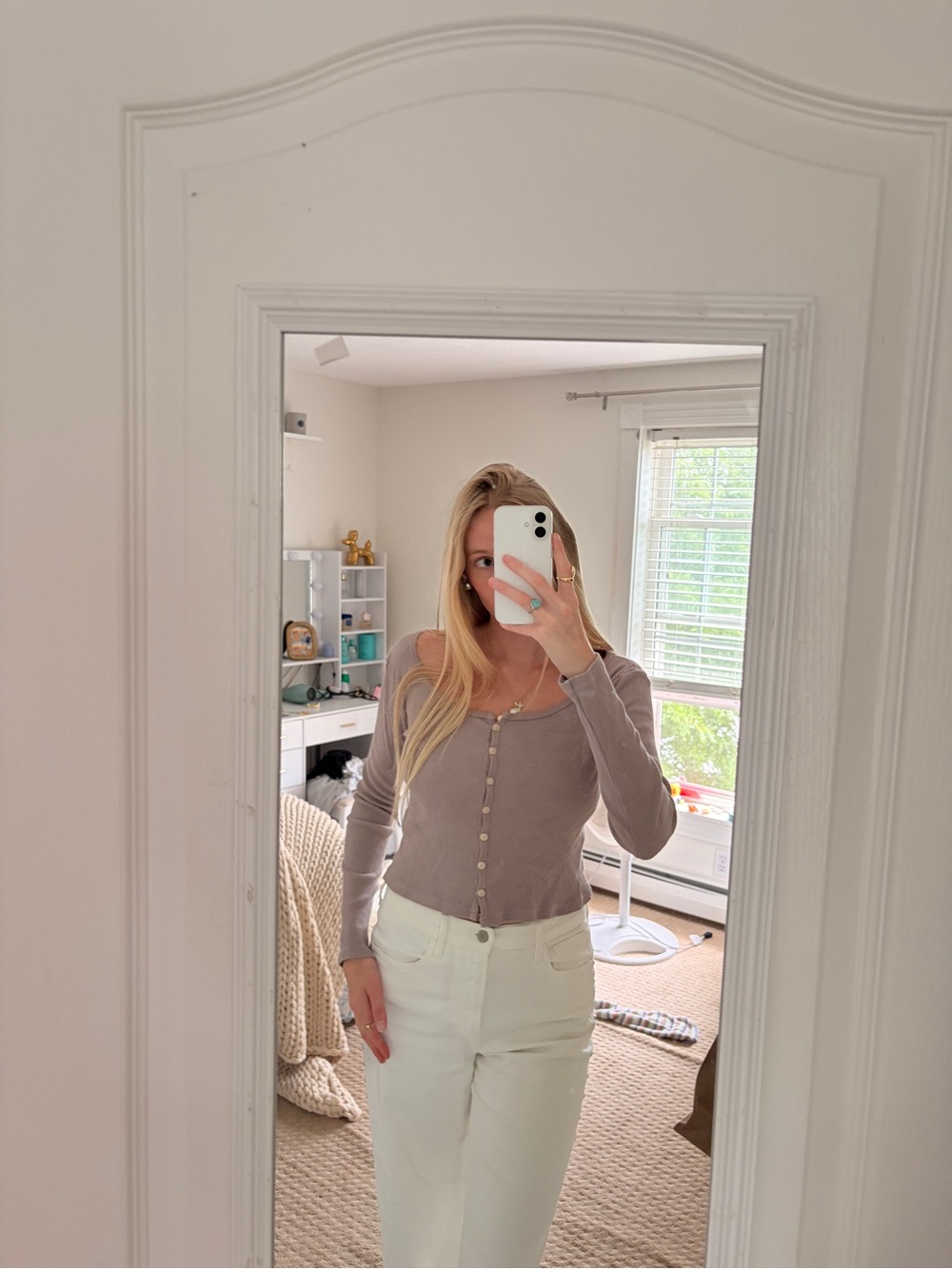 Brandy Melville Taupe Long Sleeve Buttoned Top